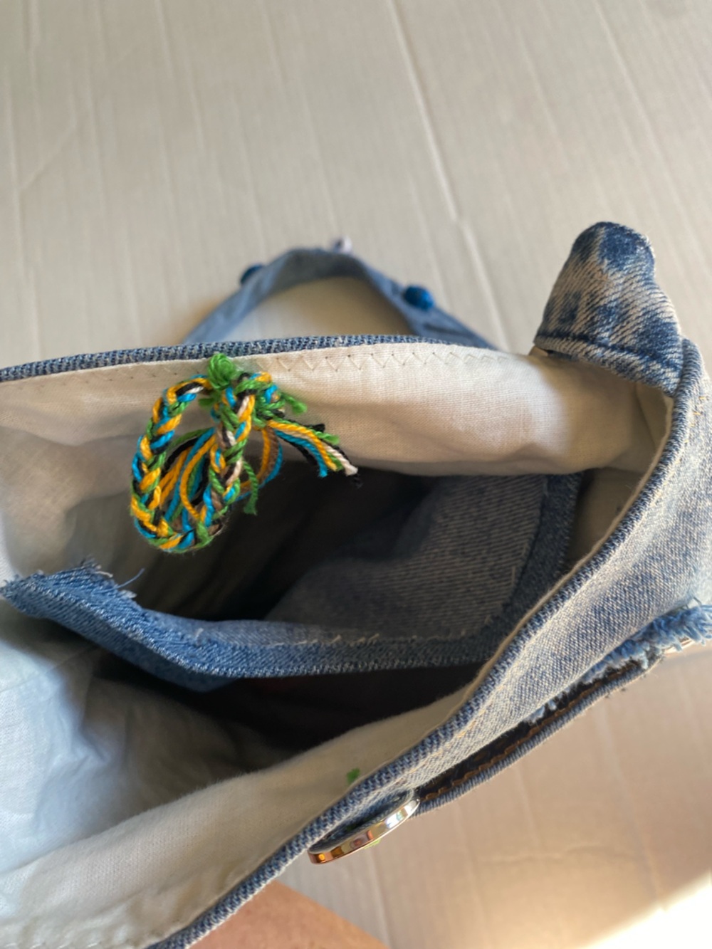 Upcycled Boho Denim Tassel Crossbody Bag with Beads and Embroidery - Picture 9 of 13